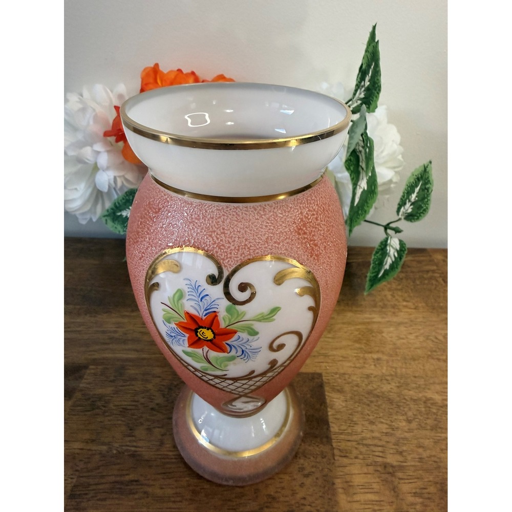 Vintage Hand-Painted Pink Textured Art‎ Glass Vase Floral Gold Accents MCM Decor - Picture 3 of 10